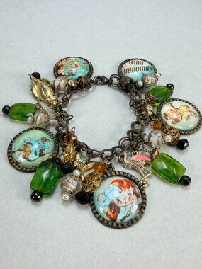 Vintage Cherub Angel Charm Bracelet Green Art Glass Flamingo Shell OOAK Pretty